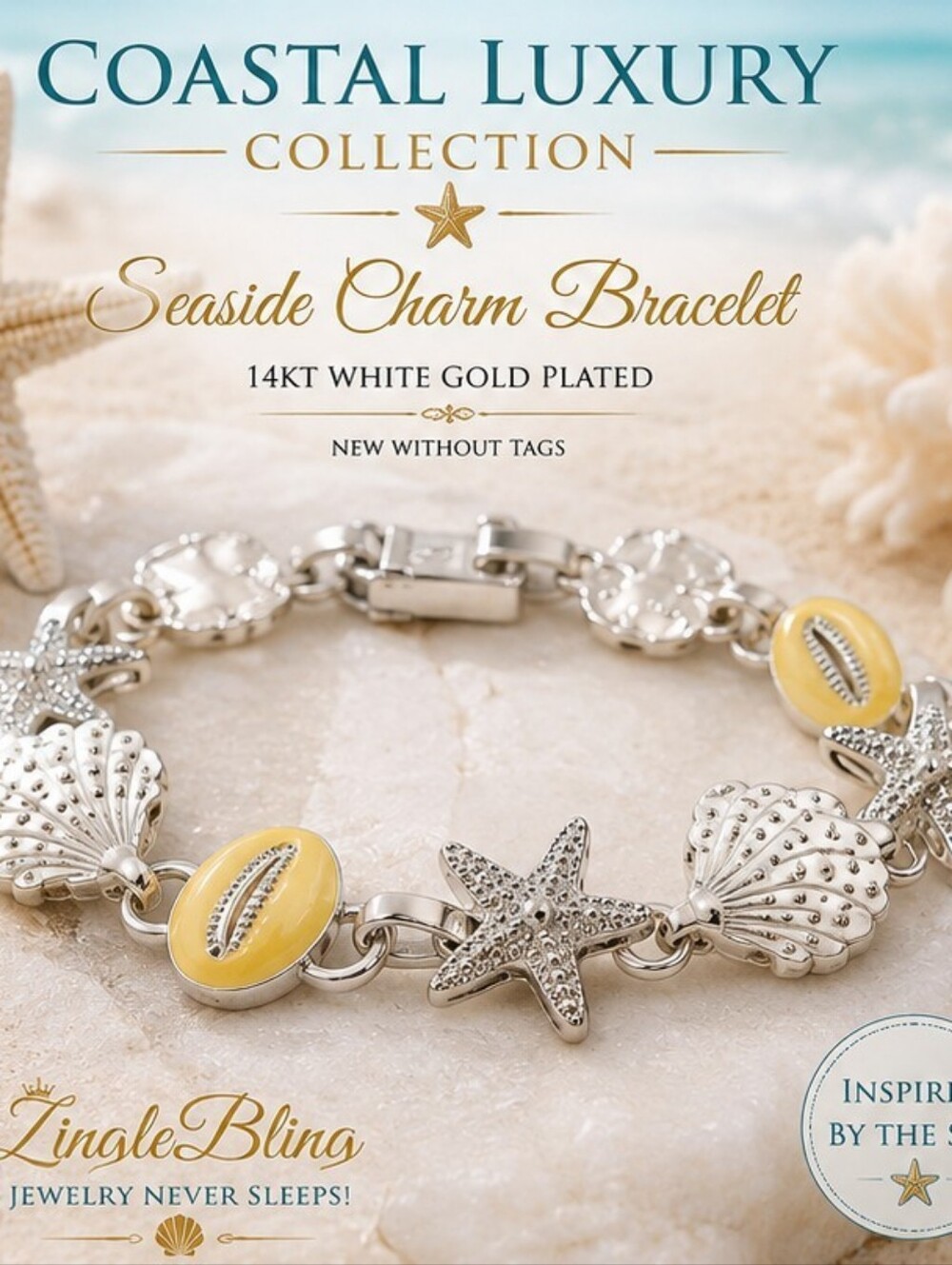 Coastal Starfish Seashell Bracelet 14K White Gold Plated Yellow Enamel NWOT